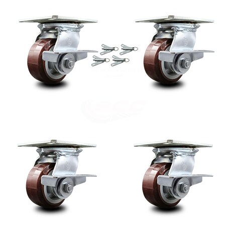 Service Caster 4 Inch Polyurethane Caster Set with Ball Bearing and Brakes/Swivel Locks SCC SCC-35S420-PPUB-SLB-BSL-4